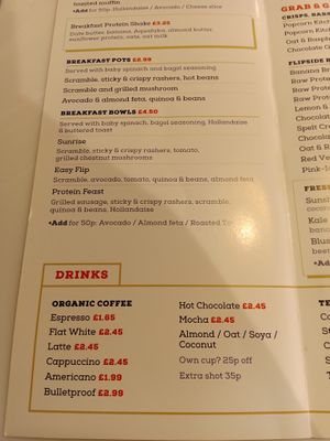 Coffee, breakfast bowls and breakfast pots menu at Flipside in London