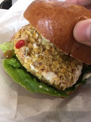Vegan chicken burger priced £6.50  at Flipside in London