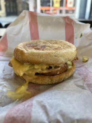 Sausage breakfast sandwich with avocado  at Flipside in London