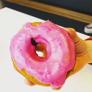 Pink iced doughnut! at Flipside in London