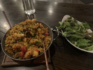vegan paella feast and dressed greens at Our Harvest in Fenwick Island