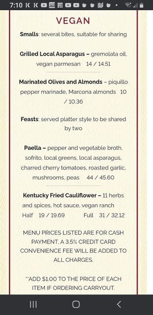 Vegan Menu: note the Paella for 2 would feed 3, so the price is very good! at Our Harvest in Fenwick Island