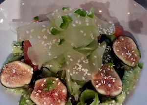 Roasted beets, celery root, figs, grapefruit, and avocado puree.  at Our Harvest in Fenwick Island