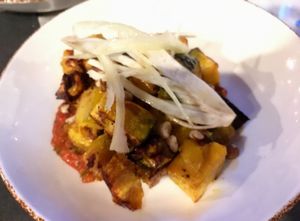 Blue kabocha squash, romesco, maple, fennel, and walnuts. at Our Harvest in Fenwick Island