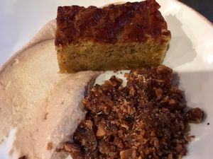 Blue acorn squash cake, maple cashew creme, and "Almond Joy" brittle.  at Our Harvest in Fenwick Island