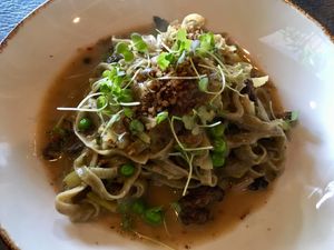 Pasta with fresh peas and morel mushrooms  at Our Harvest in Fenwick Island