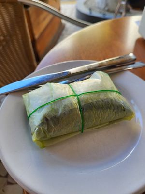 Spinach tamal at Ah Cacao in Playa Del Carmen