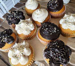 Vanilla agave cup cakes with freshly made chocolate/vanilla frosting at The Baked Vegan Bakery in Lake Park