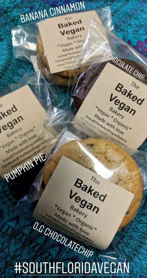 Some of my popular cookie options! Pumpkin pie, Double chocolatechip, Banana cinna-munch and O.G Chocolatechip cookies! at The Baked Vegan Bakery in Lake Park