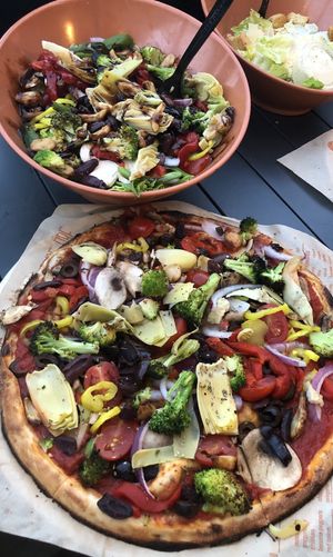 Salad with all the veggies- pizza with all the veggies. No cheese at Blaze Pizza in Melbourne