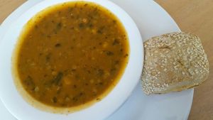 Dhal soup and bread roll at McInnes House Hotel in Kingussie
