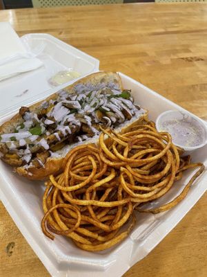 Philly Cheesesteak with Pride Aioli Sauce   at Blue Sage Vegan Bistro in Little Rock