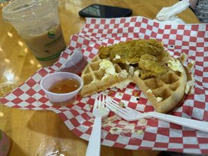So good I had to eat it before I took the picture! This was an awesome find on our Arkansas trip.  It is getting bookmarked as a favorite.  Picture vegan chicken and waffles  at Blue Sage Vegan Bistro in Little Rock