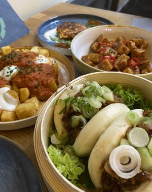 Bao buns, potatas bravas, tamarind potatoes and sweet corn fritters  at Veggie Republic in Liverpool