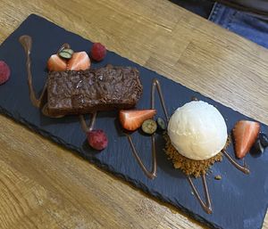 Brownie with vanilla ice cream at Veggie Republic in Liverpool