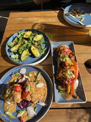 Tofu in satay sauce, jalapeño poppers, salt and pepper vegan squid.   at Veggie Republic in Liverpool