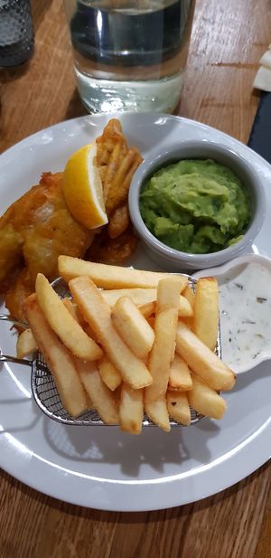 Banana flower "fish", chips and mushy peas at Veggie Republic in Liverpool
