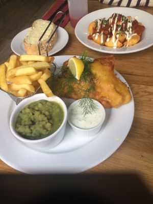 Banana blossom “fish” and chips and patatas bravas  at Veggie Republic in Liverpool