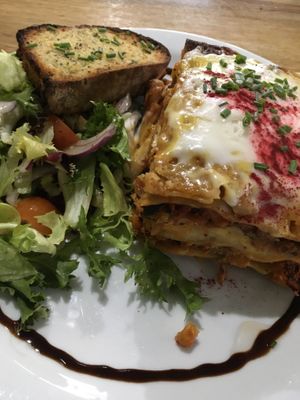 It was wonderful ! Very tasty and filling. I had never had some vegan lasagne before but that was just excellent. It came with a garlic bread and a side salad. at Veggie Republic in Liverpool