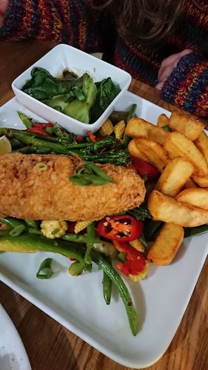 Asian fish n chips (amazing!) at Veggie Republic in Liverpool