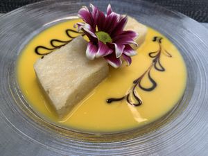 Sticky rice cake in mango sauce dessert  at Dapur in Zurich