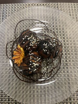 Fried bananabread with chocolate sauce  at Dapur in Zurich