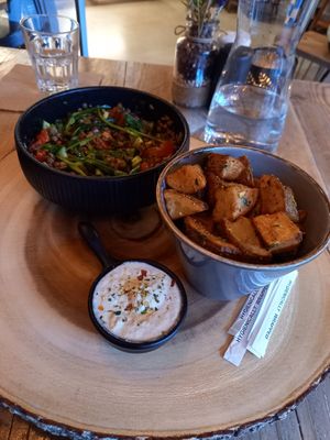 2 of the starters, lentils and roast potatoes at Corarima in Wakefield