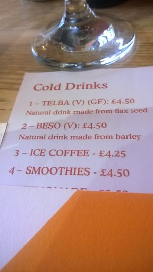 Drinks menu at Corarima in Wakefield