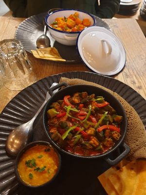 Okra stew with injera at Corarima in Wakefield