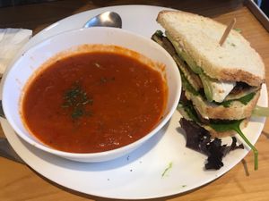 1/2 of Club Sandwich with Tomato Basil Soup at Veganbites - Sahara Ave in Las Vegas