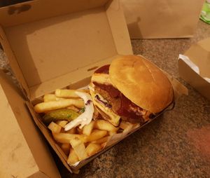 Vegan chicken burger and chips at Bambams  in Reservoir