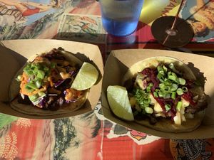 Vegan tacos! Pulled pork and Hawaiian beef ♥️ at Tiki Loco in Dallas