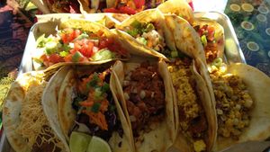 Sampler of all the tacos on soft shell at Tiki Loco in Dallas