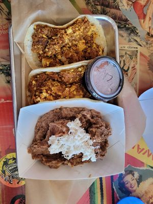 Soyrizo and tofu scramble tacos with refried beans at Tiki Loco in Dallas