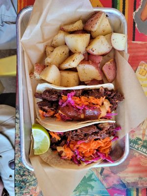 BBQ pork tacos with homefries at Tiki Loco in Dallas