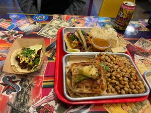 Waffle burger and tacos  at Tiki Loco in Dallas
