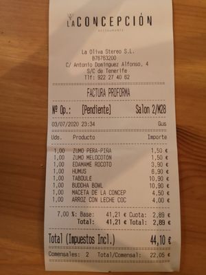Bill for entrees, main dish, desert and drinks for 2 people at La Concepción in Tenerife
