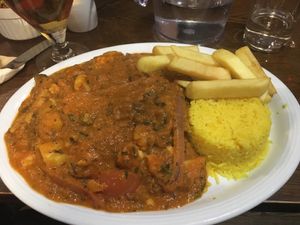 Veg curry with chips and rice - big portion! at Beinglas Farm in Stirling