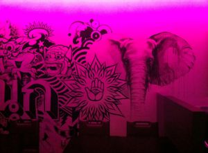 cool mural inside dining area at ChuChai in Montreal