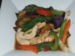 Spicy vegan shrimp and eggplant at ChuChai in Montreal