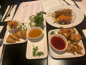 Kari puffs, fresh spring rolls, dumplings & chicken skewers  at ChuChai in Montreal