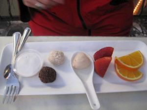 Tapioca pudding, raw macarons, litchee and fruits at ChuChai in Montreal