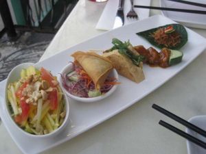Mango salad, kari puff, fried tofu, peanut skewers and miam kram at ChuChai in Montreal