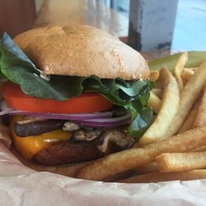 Beyond Meat burger with vegan cheese and gluten-free bun. Fries cooked in organic coconut oil.  at New Public - Food Truck in Bellingham