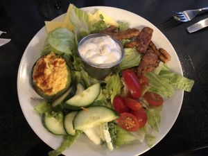 The Cobbish salad. I found the seitanna little salty and the abs ado deviled egg sooo cute but the blue cheese dressing was DIVINE! at Nooch in Windsor