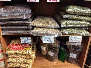 Big bulk bags of raw cashews, sunflower seed, pumpkin seeds, walnuts at Sea Lovers in Savusavu