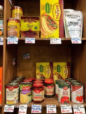 Vegetarian refried beans, taco shells, chilis, artichoke hearts, kraut at Sea Lovers in Savusavu