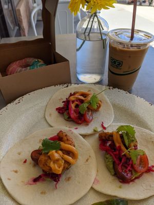 Shrimp Tacos, Latte, and a vegan bisexual donut from RachCakes pop up! at Seed Cafe in Minneapolis