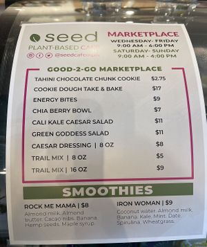 menu   at Seed Cafe in Minneapolis