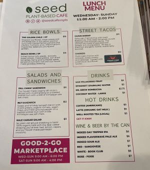 Menú  at Seed Cafe in Minneapolis